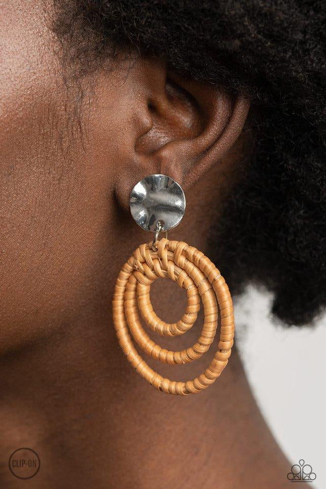 Paparazzi Whimsically Wicker - Brown Clip On Earrings